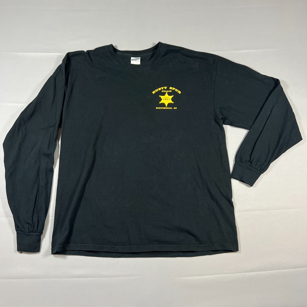 Gildan Rusty Spur Saloon T Shirt Mens Black Logo Graphic Cotton Cow Boy Security